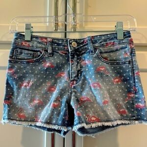 Gap Kids Girls Stretch Denim Shortie Shorts. Flamingo & Star print. Size 10. EUC